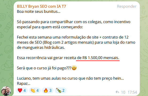 Depoimento: contrato de 12 meses de SEO gerando R$1.500/mês recorrentes