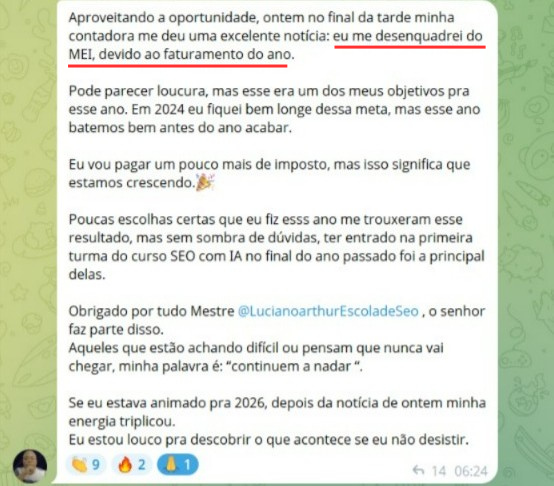 Depoimento: aluno se desenquadrou do MEI por excesso de faturamento após entrar no curso